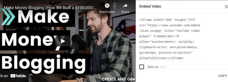 copy code to embed youtube video